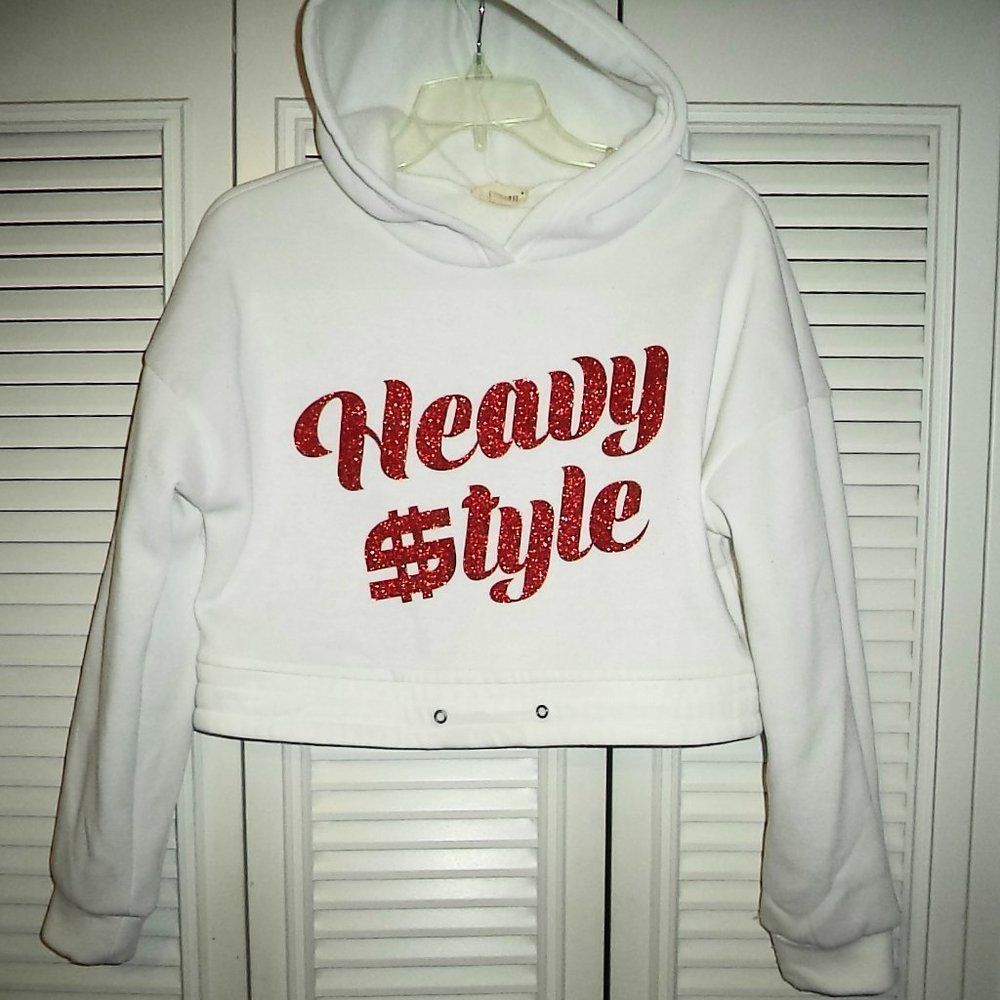 SJL APPAREL WHITE CROP TOP HOODIE SWEATSHIRT GRAPHIC HEAVY $ STYLE-WOMENS SIZE S